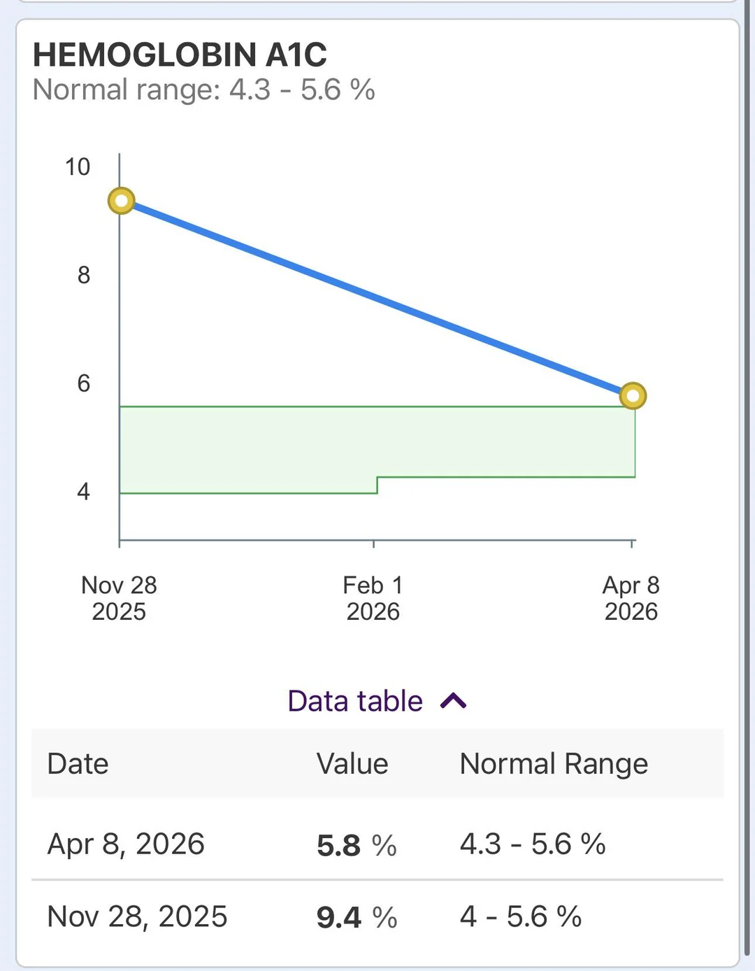 A1C results showing drop from 9.4 to 4.8